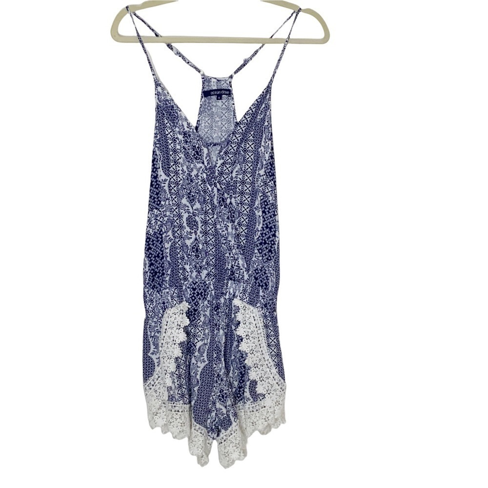BLUE and white Ocean Drive romper. Spaghetti straps with keyhole details